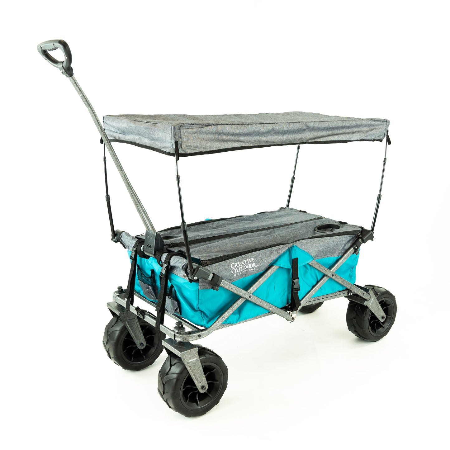 1 Teal/Gray XXL Hauler Deluxe Wagon with Cooler Rack + 1 Teal Retro Legacy Cooler - Custom Folding Wagons