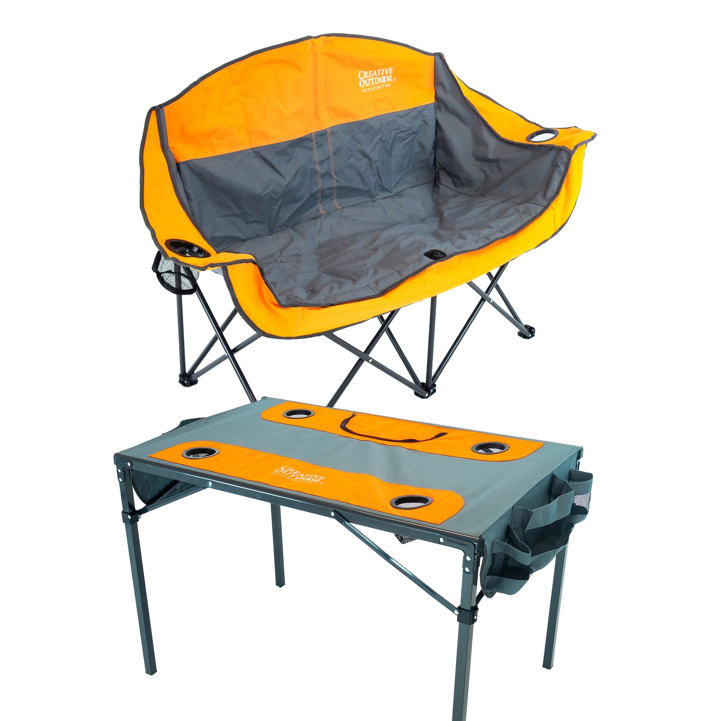 1 Orange Luxury Loveseat + 1 Orange Ice Box Cooler Folding Table - Custom Folding Wagons