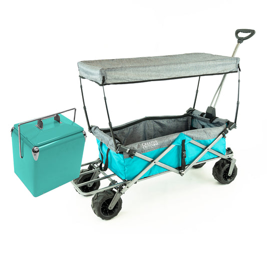 1 Teal/Gray XXL Hauler Deluxe Wagon with Cooler Rack + 1 Teal Retro Legacy Cooler - Custom Folding Wagons