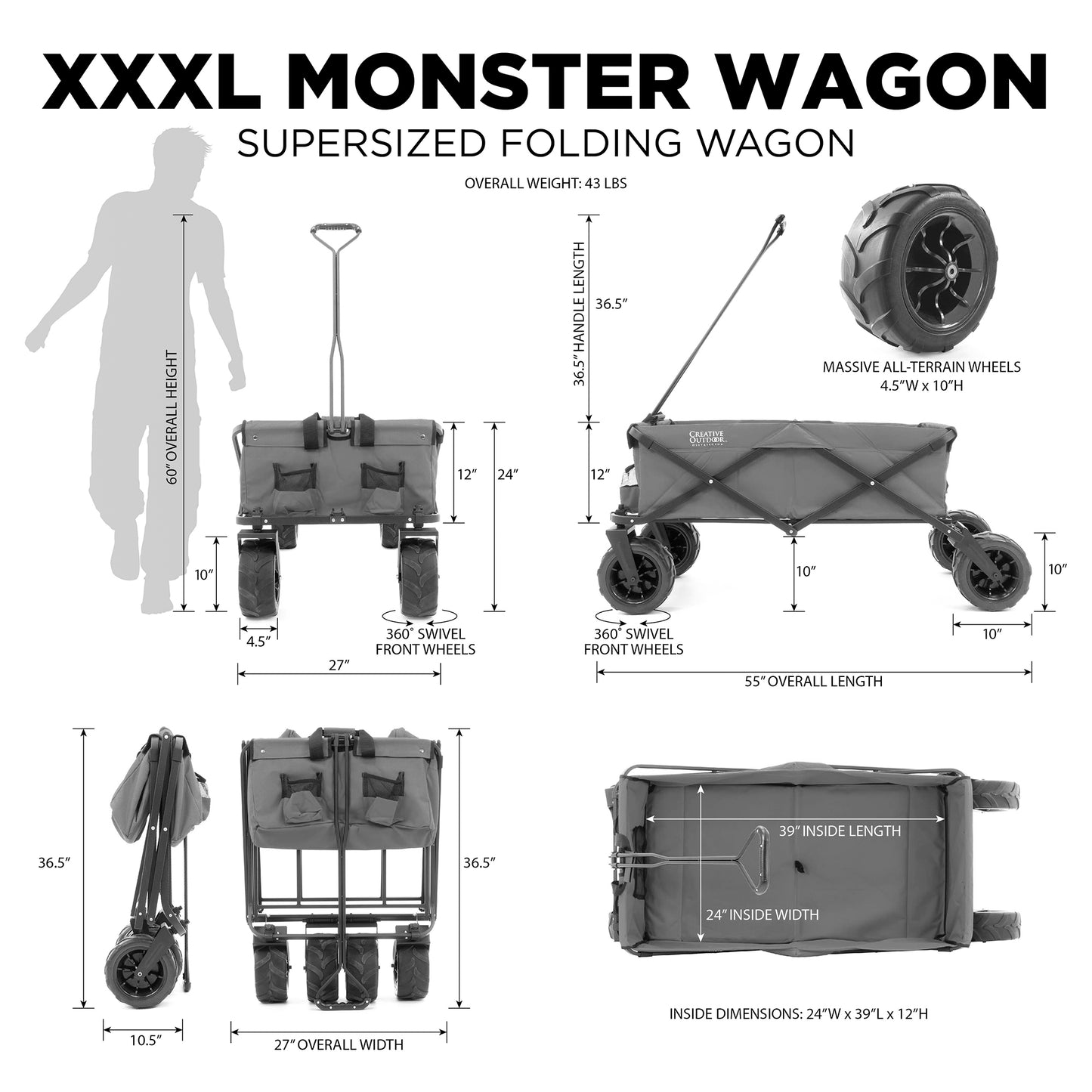 XXXL Monster Folding Wagon Black Dimensions